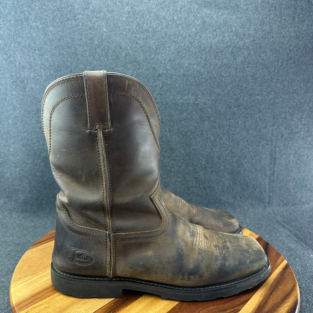 Justin Water Buffalo MJ1015 Mens 12D Brown Leather Square Toe Boots Work Pull On